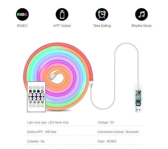 5M Smart RGB Neon LED Strip Lights, App & Remote Control, Music Sync